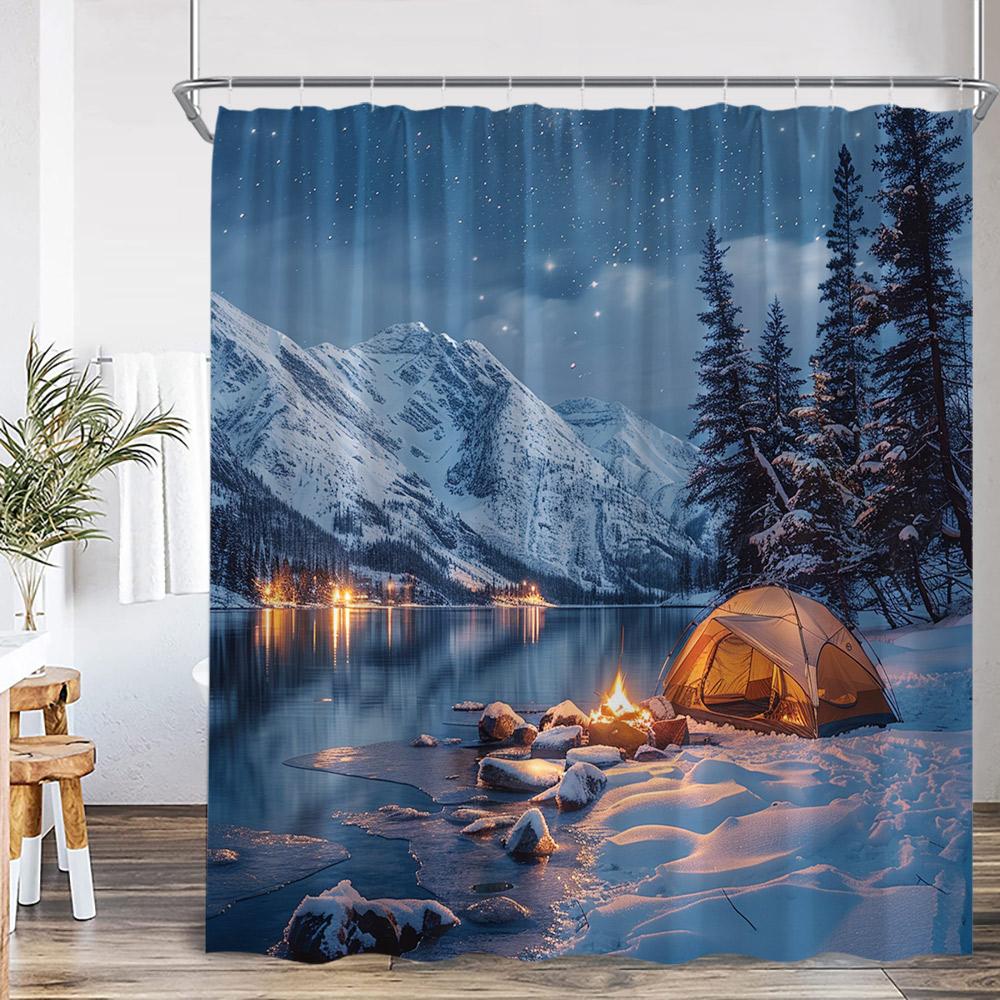 Camper Shower Curtain Happy Camping Adventure Campsite Forest Vintage Bathroom Decor Polyester Retro Bathtub Curtain With Hook