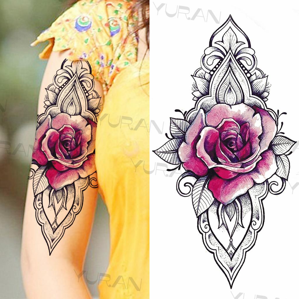 Large Colorful Rose Flower Temporary Tattoos For Girls Women Anchor Fake Gemstone Pendant Tattoo Paste Arm Body Tatoos Creative