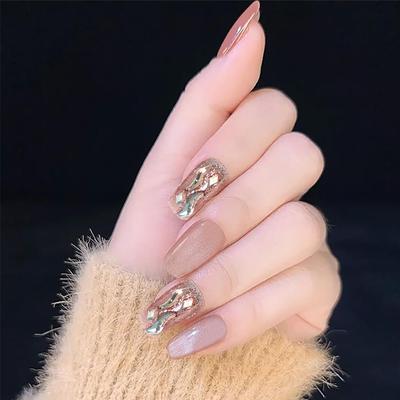 Secret Lives Cats Eye Reusable Artificial Nude Color with Silver Glitter & 3D Crystal Design Fake Press On Nails 24 Pieces Set with Kit
