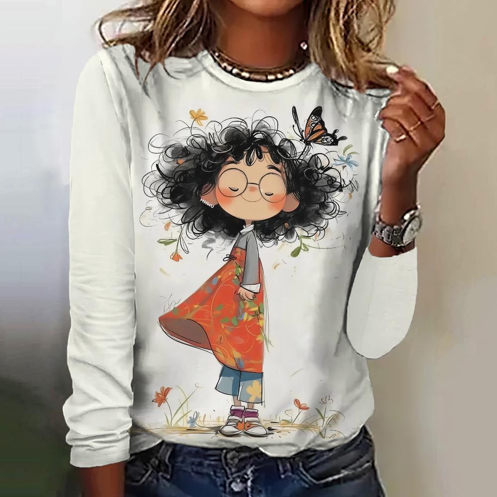 Women's T-Shirt Top Long Sleeved Pullover Fashion Little Girl Print Street Round-Neck Tee Shirt Female Everyday Loose Clothing