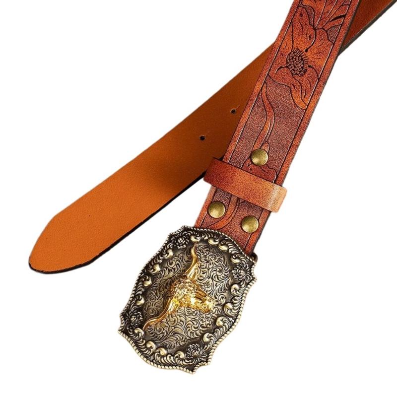 Women Western Belt Engraved Bull Metal Buckle Pants Belt Unisex Cowgirl Belt