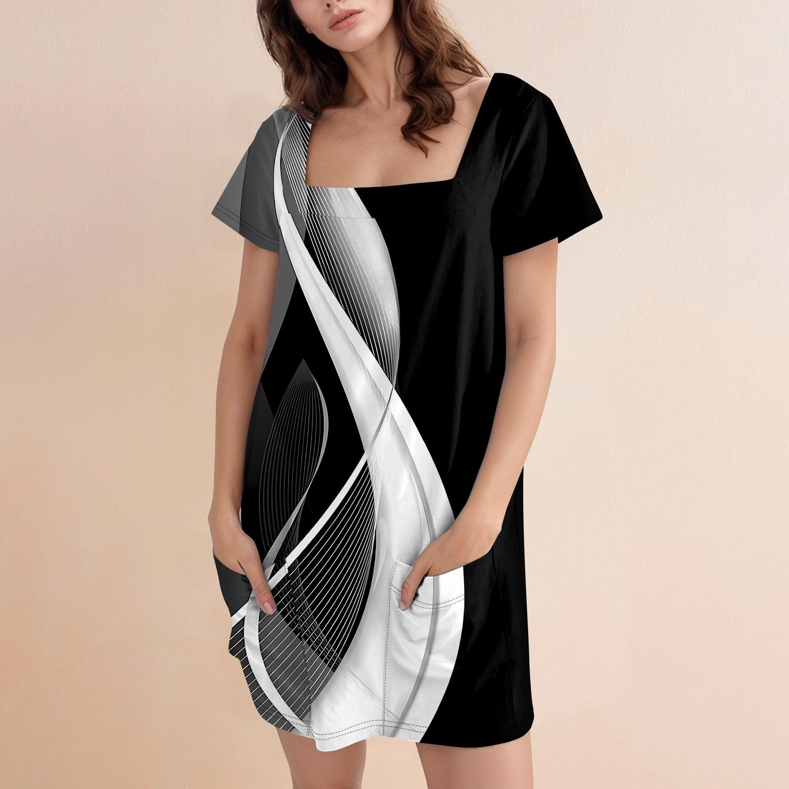 

Женское модное повседневное платье с квадратным вырезом и коротким рукавом XXL чёрный