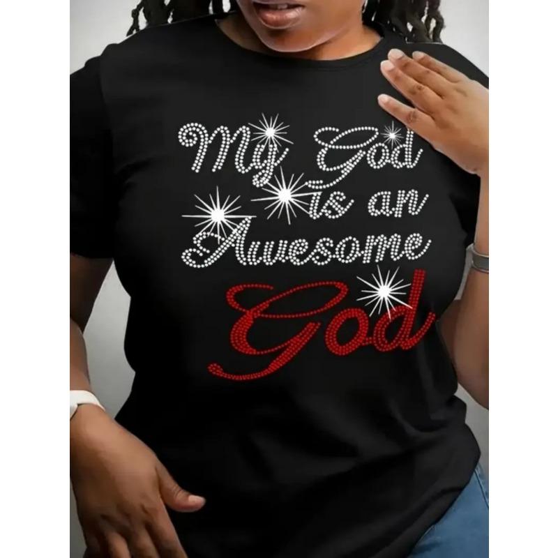 

Женская хлопковая футболка с принтом стразами «Мой Бог — потрясающий Бог», дышащая, свободная, с круглым вырезом, коротким рукавом, для любого сезона, топ с верой S чёрный