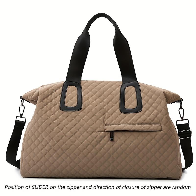 Women's Large Capacity Quilted Travel Duffel Bag with Rhombus Pattern,Solid Color Overnight Bag with Multiple Pockets, Women's Leisure Tote Bag