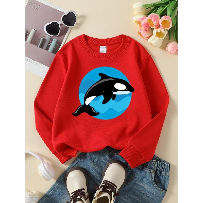 Orcas Swimming In Ocean Waves Girls' Crew Neck Fashion Sweatshirt, Autumn and Winter Western Style Top, Children's Long Sleeved T-shirt