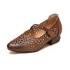 Women's Summer Vintage Hollow Out Sandals - Top Layer Cowhide Hook and Loop Closure Low Heel Shoes, Round Toe Comfortable Casual Shoes