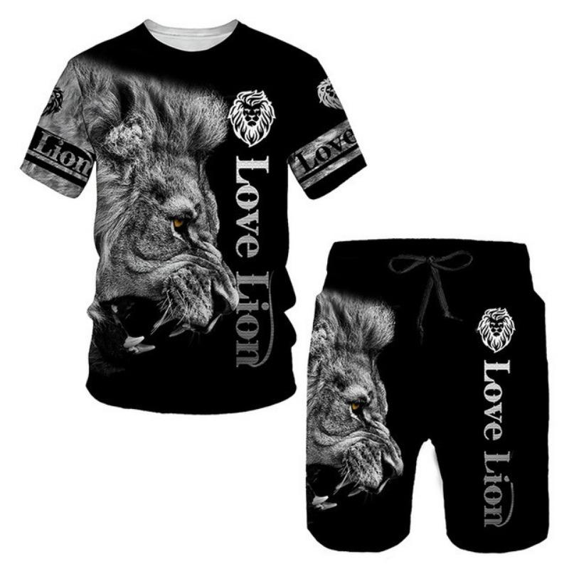 Summer 3D Printed T-shirt Set Fashionable Men's Lion Sportswear Top Casual Shorts Sport Wear Men’s