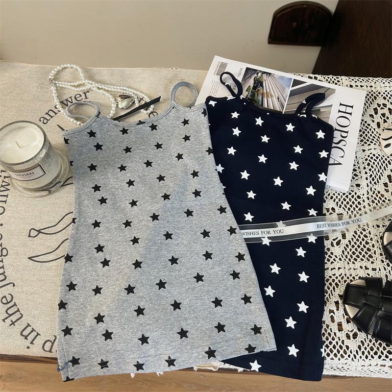 

2024 Summer Girls Star Print Spaghetti Strap Korean Dress 120 cm