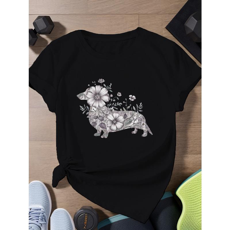 

European Size dachshund with flowers Women s Plus Size Sports Short Sleeve T-Shirt 4XL чорний