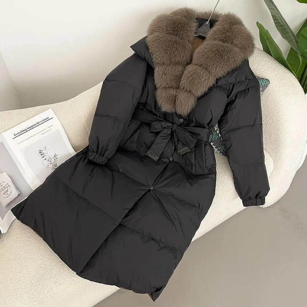 

OFTBUY Зимняя куртка женская из натурального меха лисы и енота с воротником из 90% белого утиного пуха, толстый теплый пояс, повседневная верхняя одежда M