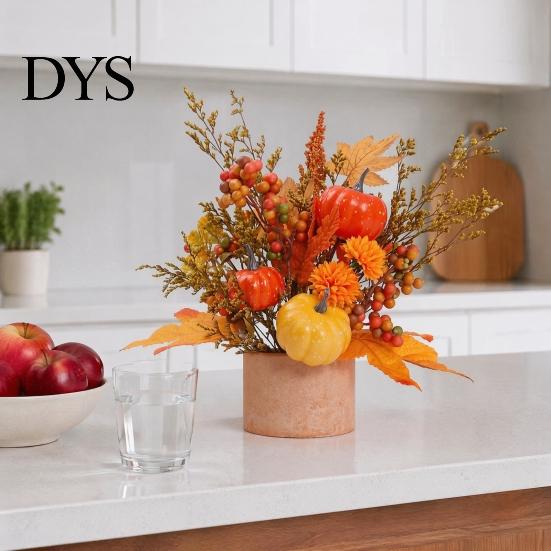 Small Potted Plant for Fireplace Fall Pumpkin Flower Arrangement, Artificial Maple Berry Autumn Table Centerpiece Thanksgiving, Harvest Home Tabletop
