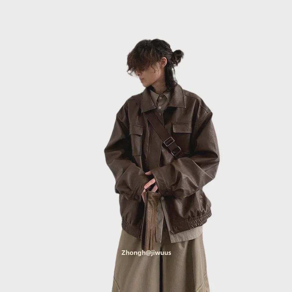 Veste de moto unisexe surdimensionnée en cuir PU de style rétro japonais