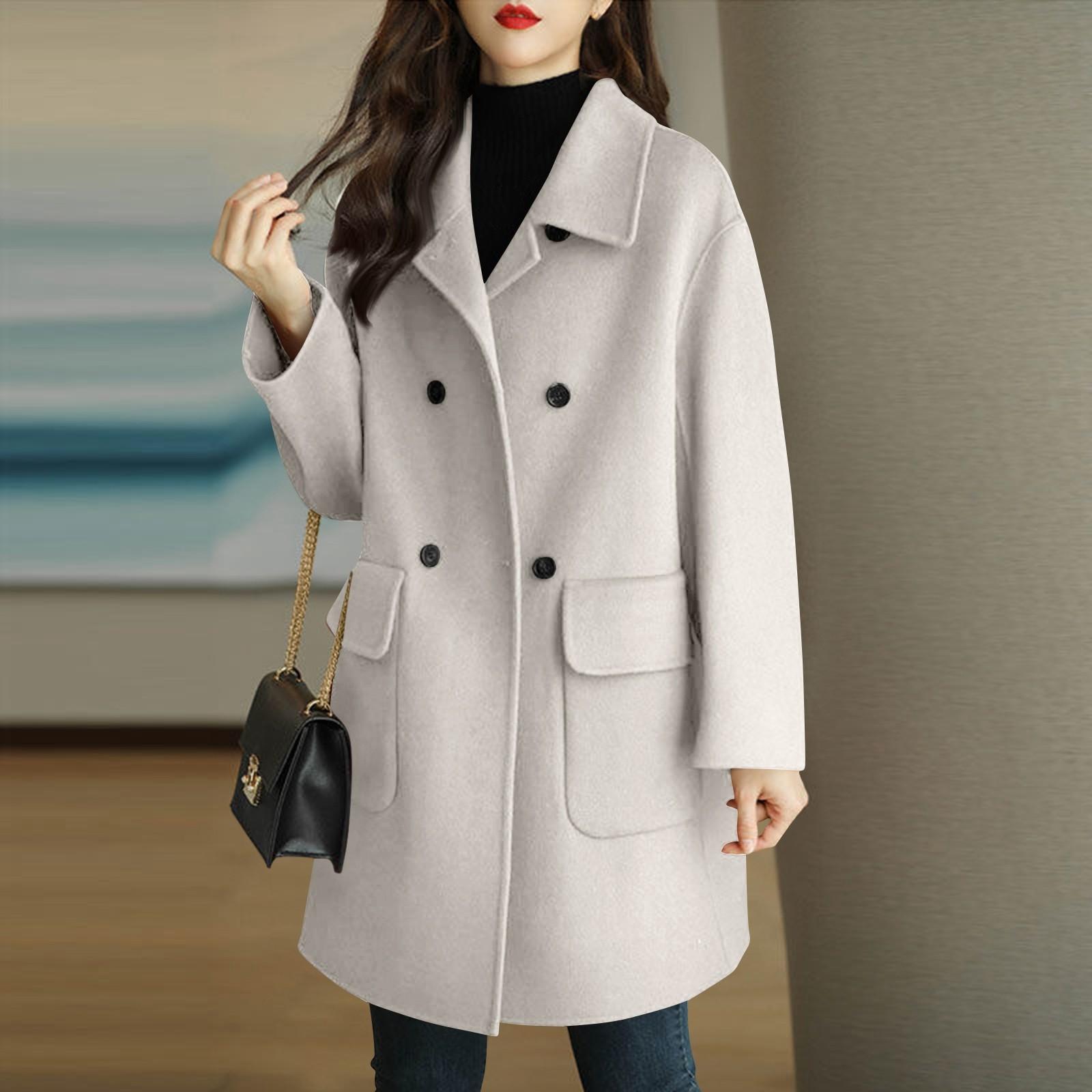 

Жіноче однотонне двобортне вовняне пальто з довгим рукавом і кишенею середньої довжини L бежевий