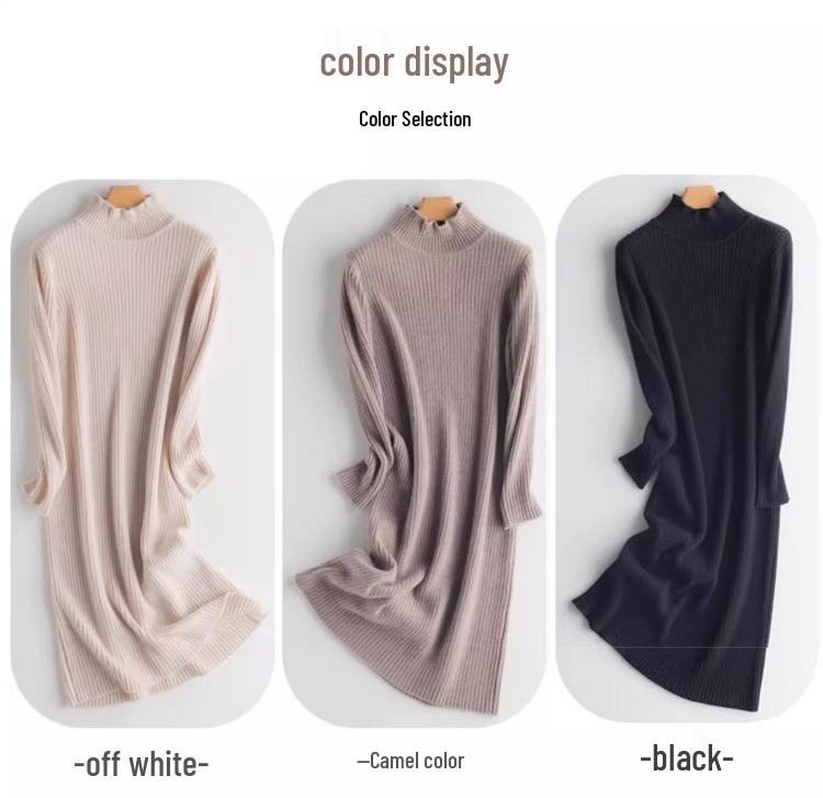 Women's Mid-Length Woolen Sweater Dress - Half-High Neck, Warm Knit Base Layer for Autumn & Winter
