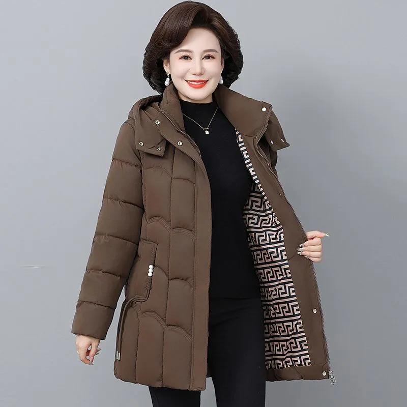 Women's Winter Thickened Jackets Parkas Hooded Quilted Long Pockets Coat Middle Aged Female Overcoat