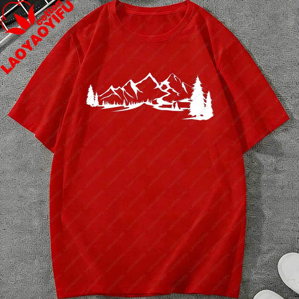 Minimalist Mountain Forest River Landscape TShirt Nature Graphic Tee Oversized Cotton Casual Top Hiking Camping Outdoor Lovers