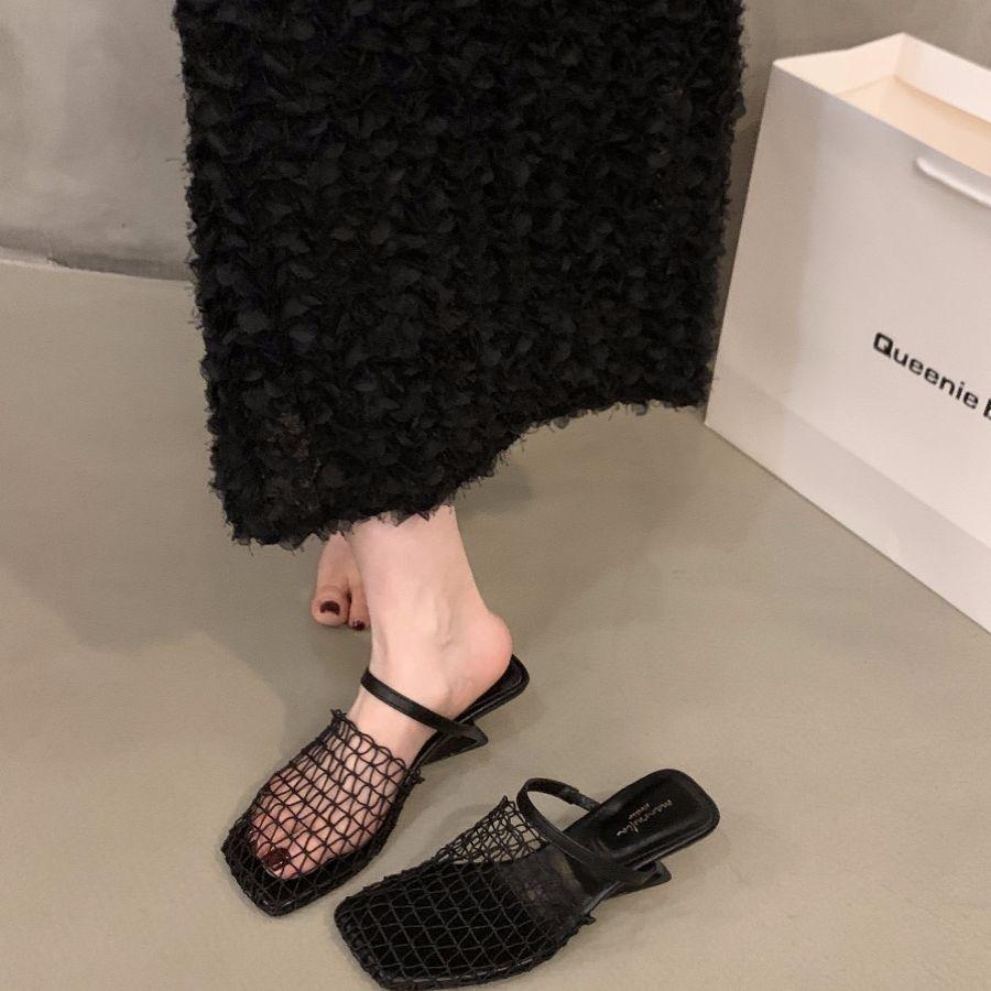 French woven mesh hollow bag head half slippers women's shoes wear 2025 summer wedge heel high heel Roman sandals