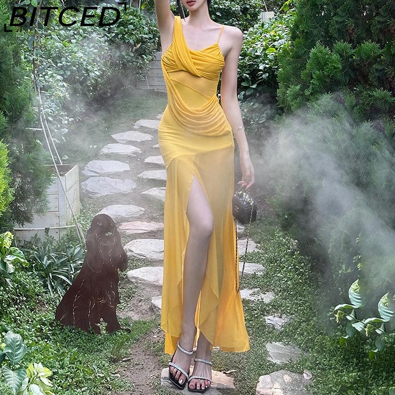 BITCED Summer Women's Solid-Colour Slim-Fit High-Waisted Fashion Strapless Sleeveless Mesh Dress