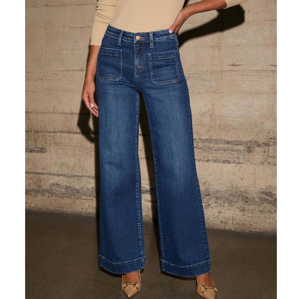 

Джинсы с высокой талией для женщин, винтажные широкие прямые брюки, женские повседневные брюки с карманами, женские брюки M темно-синий