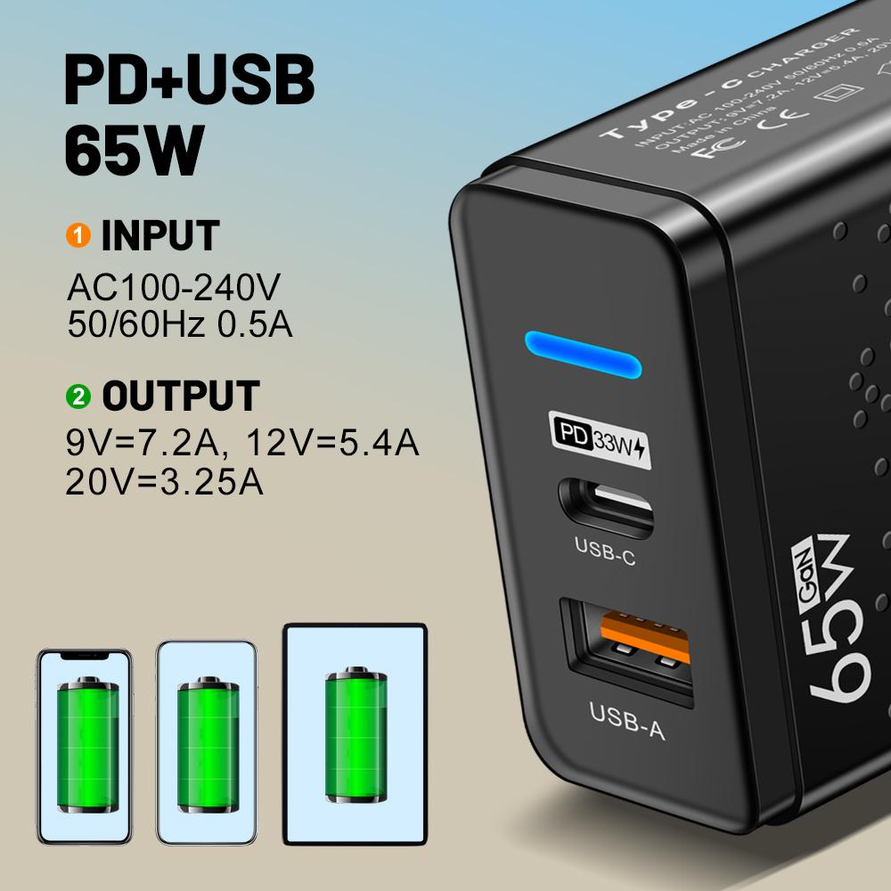 Total 65W USB Charger PD Type C Fast Charging Mobile Phone Charge Adapter For iPhone Xiaomi  Samsung PD Quick Charge QC3.0