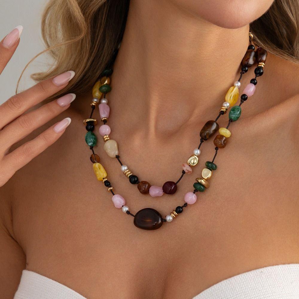 Colorful Vintage Necklace Irregular Bead Rope Chain Choker Double Layers Necklace  Women Girls