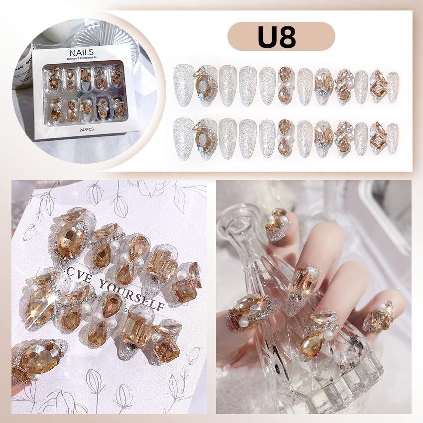 White Blue Color 3D Rabbit Star Rhinestone Designs-Full Cover Acrylic False Nails for Women and Girls Detachable Long Fake Nails
