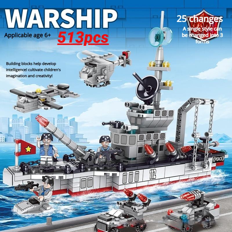 Oversized Military Warship Destroyer Ship Assembly Model 6In1 Multi Form Combination Building Blocks Boys Toy Birthday Gift