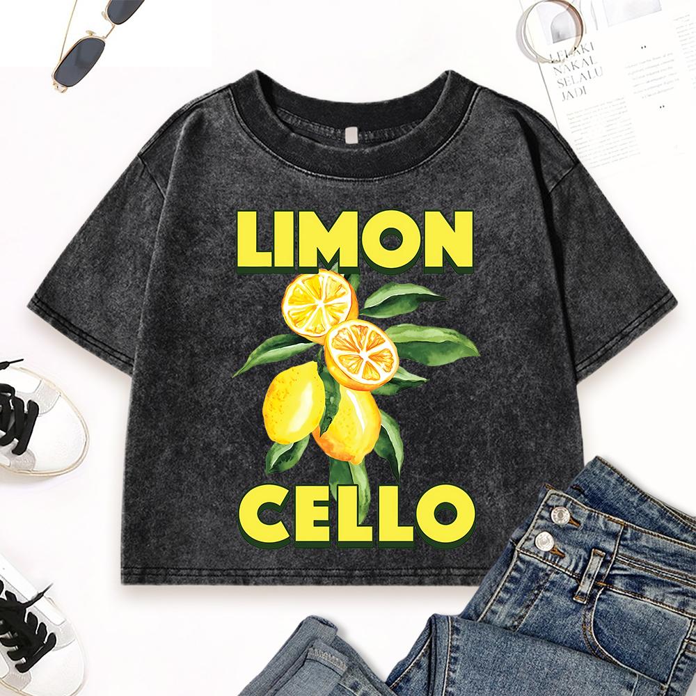 

Lemon Cello Fresh Fruit Prints Washed T-Shirt Women Cotton Casual Tee Shirt Crop Street Short Sleeve Slim Streetwear M