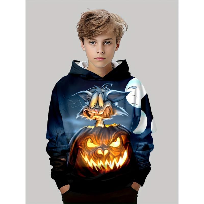 Boys' Halloween Pumpkin 3D Print Hoodie Outdoor Sportswear with Pockets Long Sleeve Spring Autumn Outdoor Pullover Childs Tops