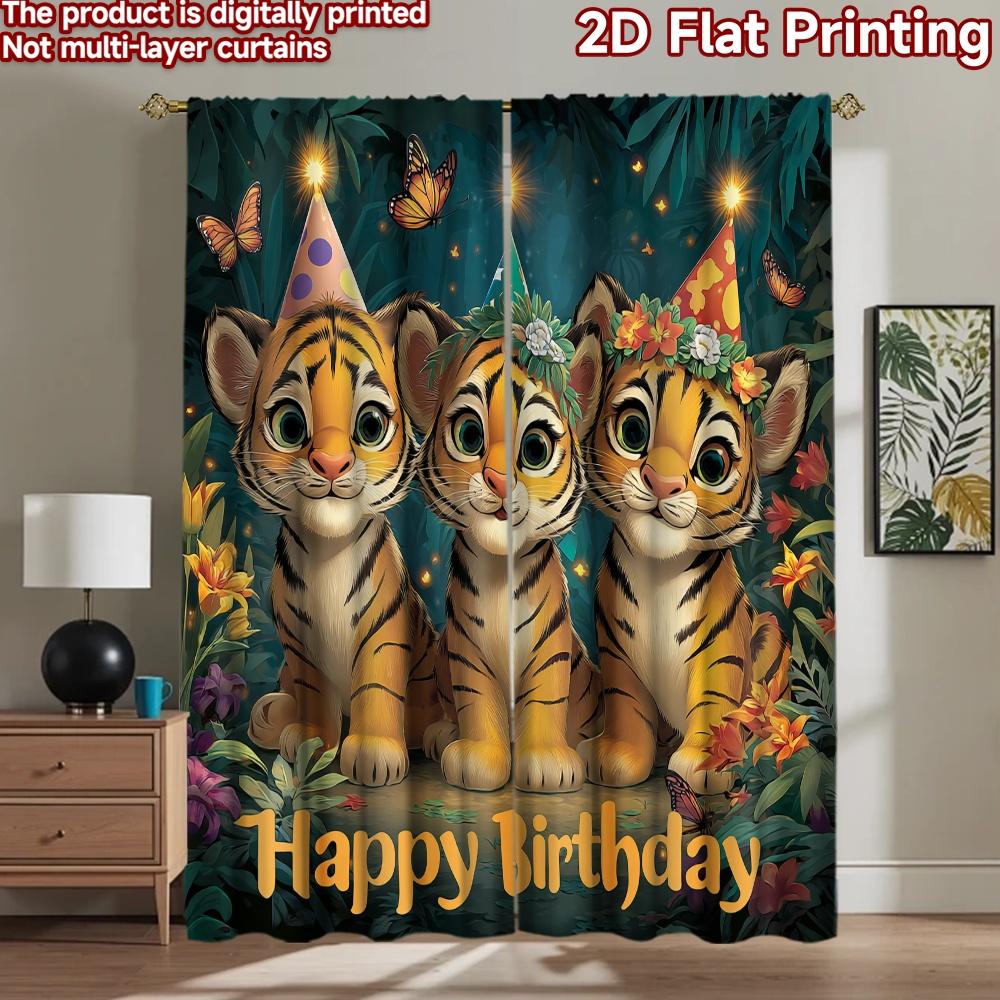2D flat printing 2pcs Scene Curtain Cute Tiger Birthday Party Jungle Digital Printed Polyester Drapes Family Party for Holiday