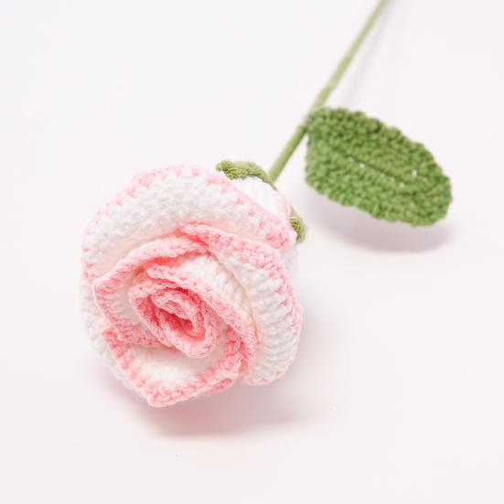 Handmade Crochet Rose Flower Knitted Rose Bouquet with Leaves Valentine's Day Anniversary Birthday Artificial Rose Gift for Women Teacher Mom Friend