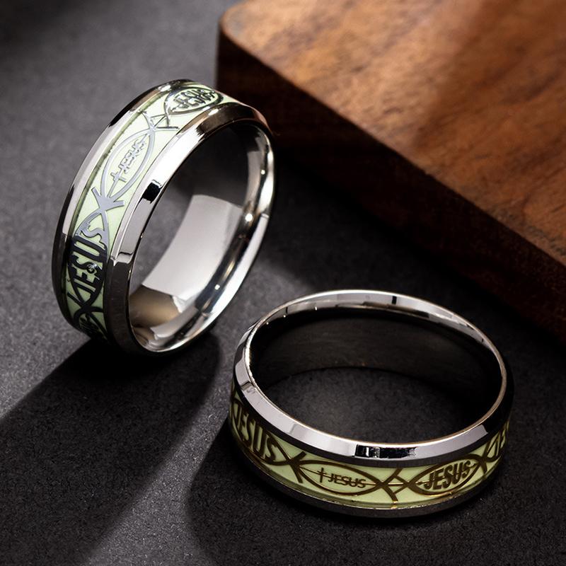 Golden Jesus Inlay Ring Luminous Glowing In the Dark with Green Background Fashion Accessory for Men And Women