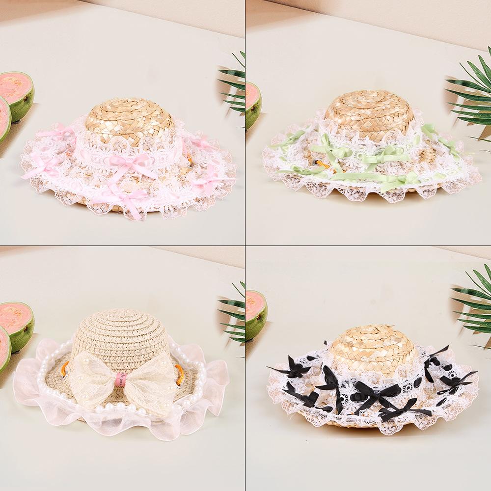 Dog Shade Straw Hat Outdoor Pet Lace Princess Hat Lace Bow Straw Hat Dress Up Ragdoll Cat Hat