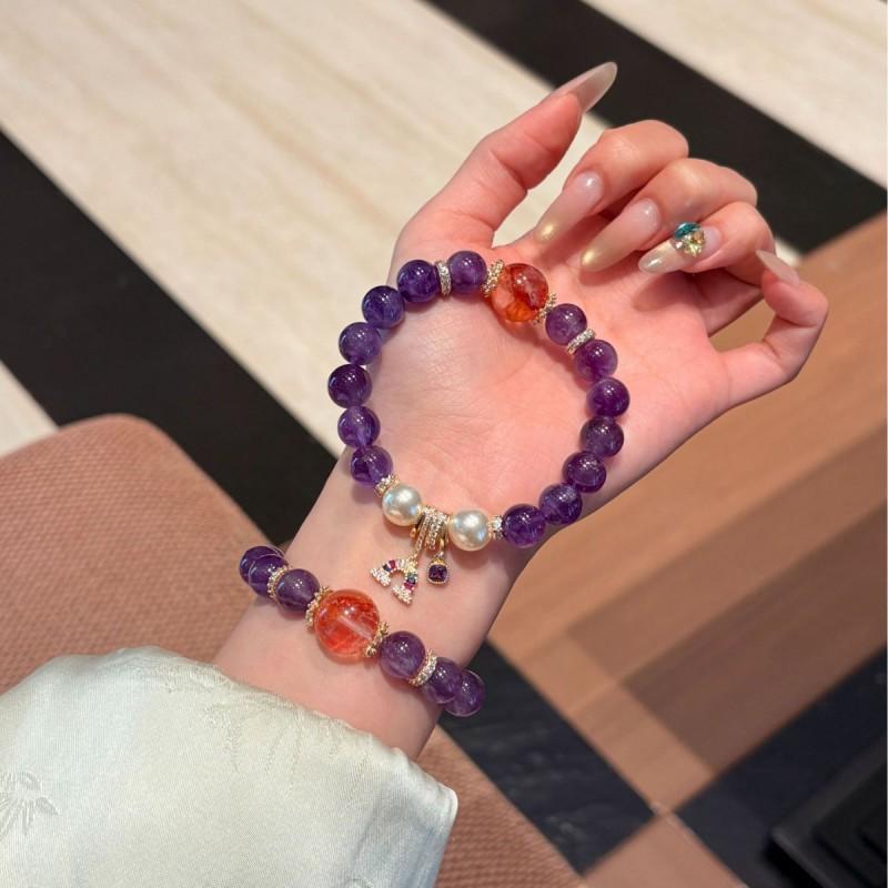 Natural Amethyst Red Rutilated Quartz Beaded Bracelet Women 10mm Single Circle Rare Gemstone Jewelry