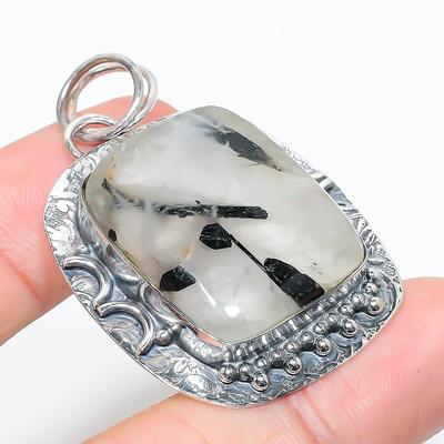 Natürlicher Schwarzer Rutil Edelstein Handgefertigter 925 Sterlingsilber Anhänger 2,01" b0o44