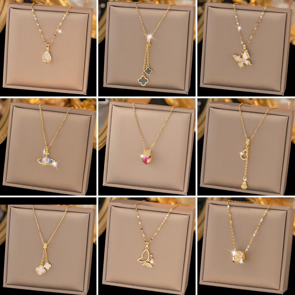 Chic Non-Fading Titanium Steel Necklace for Women with Unique Design and Sparkling Copper Pendant