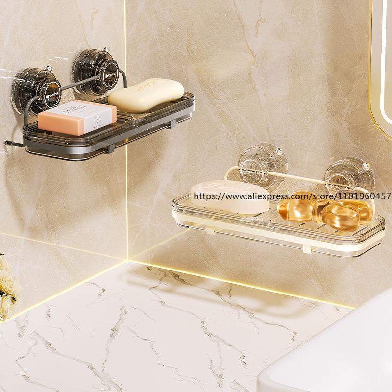 Suction Cup Soap Dish Wall Mount No-Drill Luxury Bathroom Double-Layer Soap Holder with Drainage