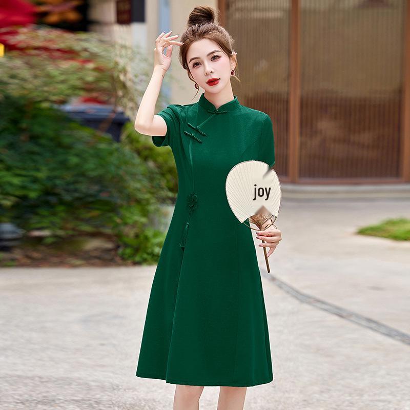 2025 Summer Women's Chinese Style Dress with Stand-up Collar and Tassel Appliqué - Style LX283