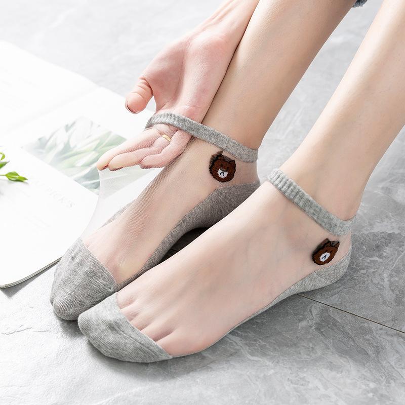 1Pair Of Transparent Lace Crystal Socks Breathable Ultra-thin Ankle Socks Summer Girl Stretch Socks
