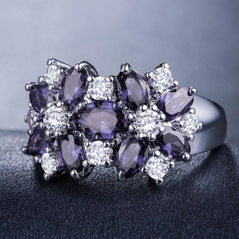 925 Sterling Silver White Zircon & Green Crystal Flower Ring for Women Vintage Engagement Promise Band Wedding Jewelry Gift