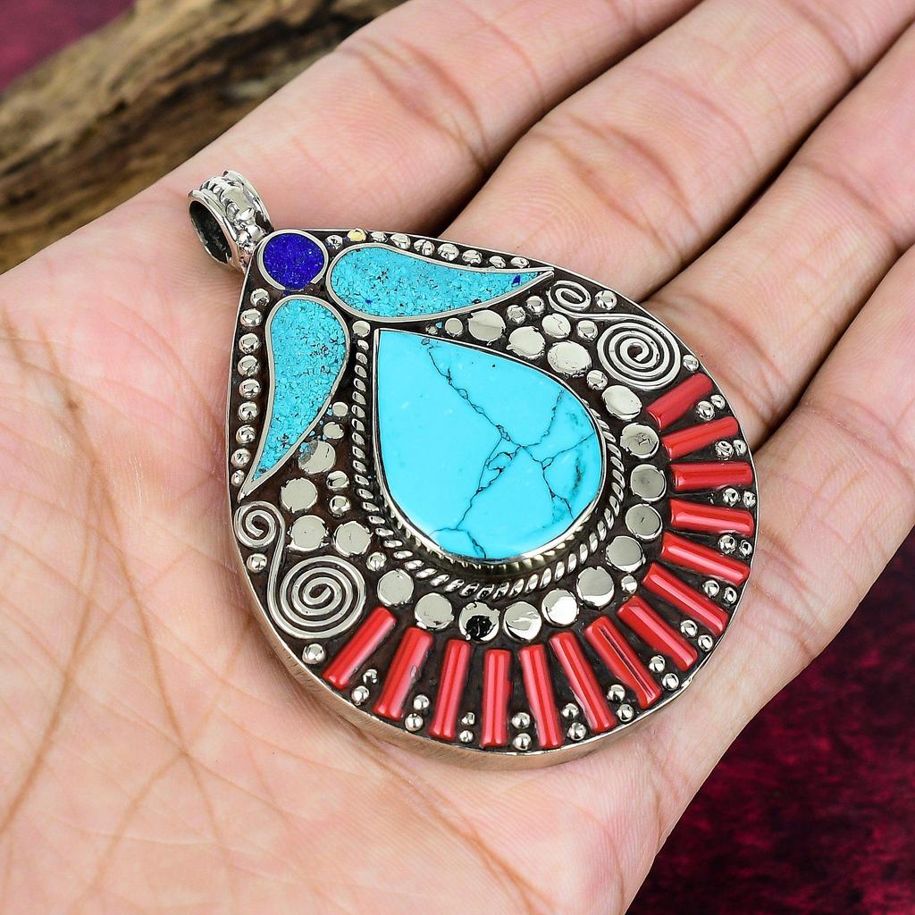 Türkis, Lapislazuli & Koralle Anhänger, 925 Massiv Sterlingsilber Edelstein Schmuck, Handgefertigter Nepalesischer Anhänger, Für Thanksgiving
