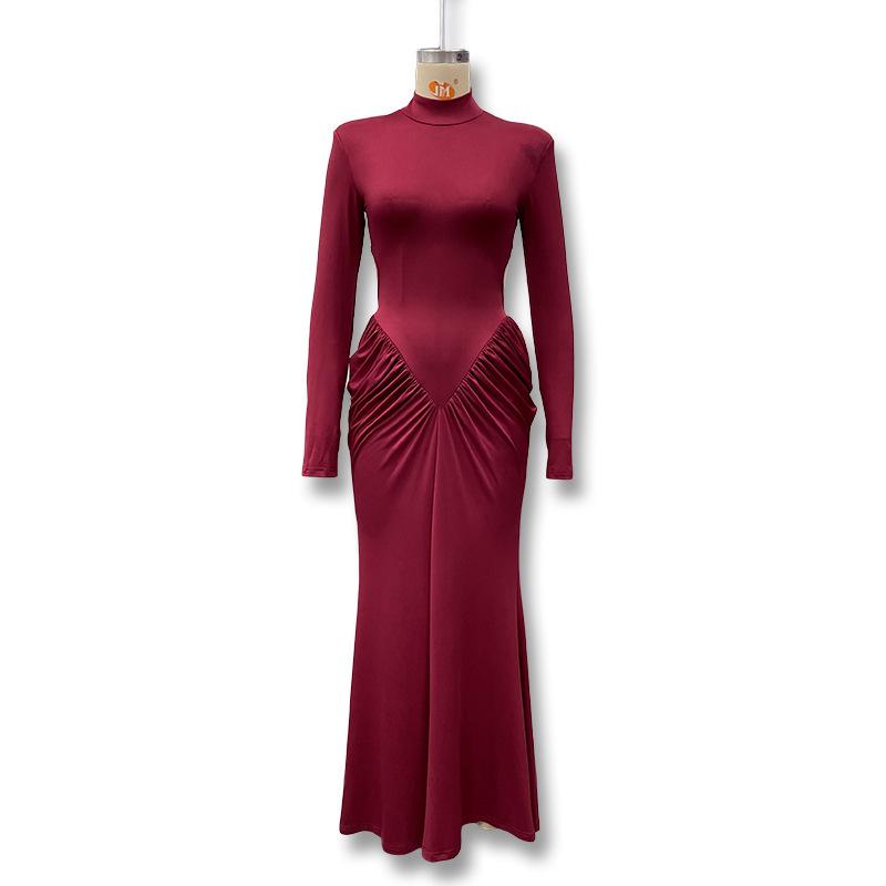 2025 European-American Autumn High Neck Ruched Backless Slim Fit Dress for Women