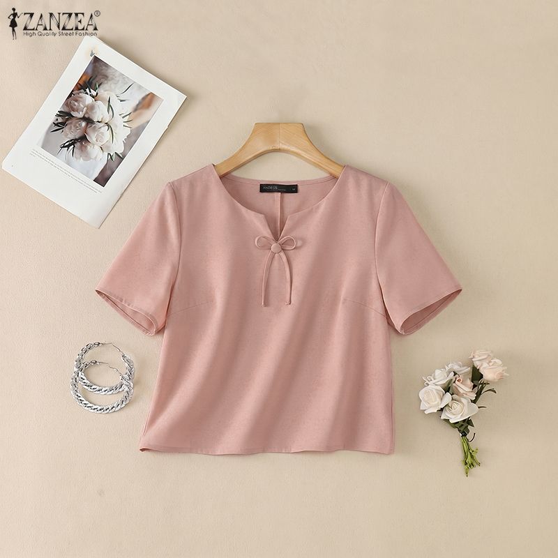 ZANZEA Damen Lässig V-Ausschnitt Einfarbig Locker Kurzarm Bluse