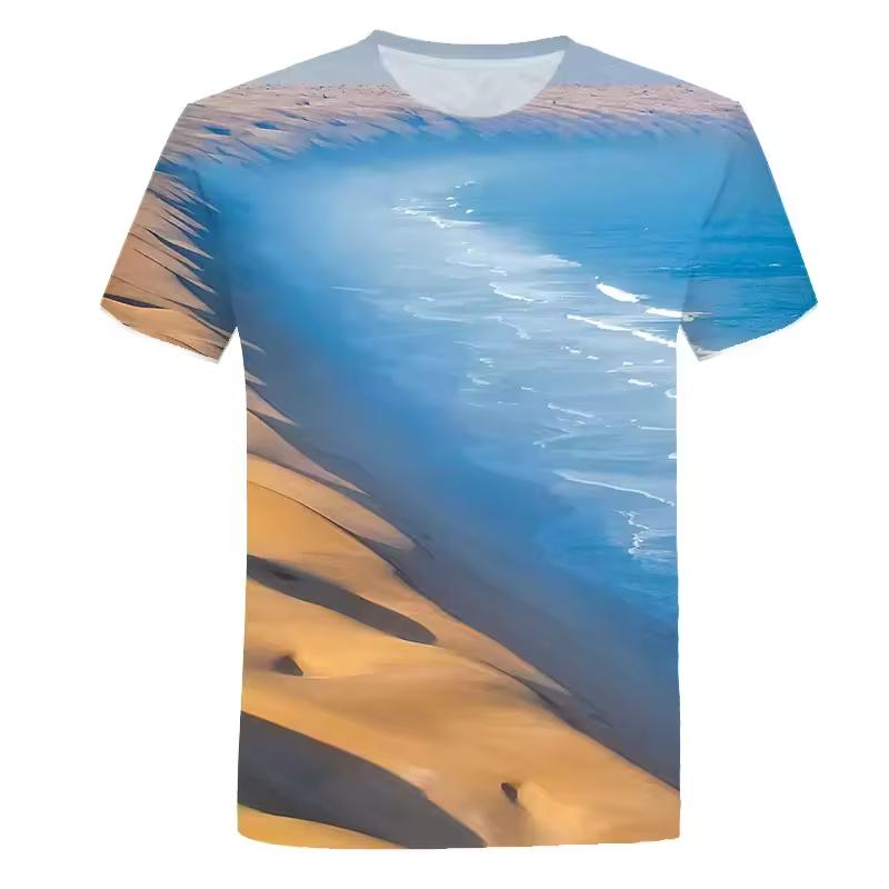 3D Printed Seaside Scenery T-Shirt Men Ocean Beach Pattern Tees Summer Harajuku Loose Round Neck Tops Short Sleeves T Shirts