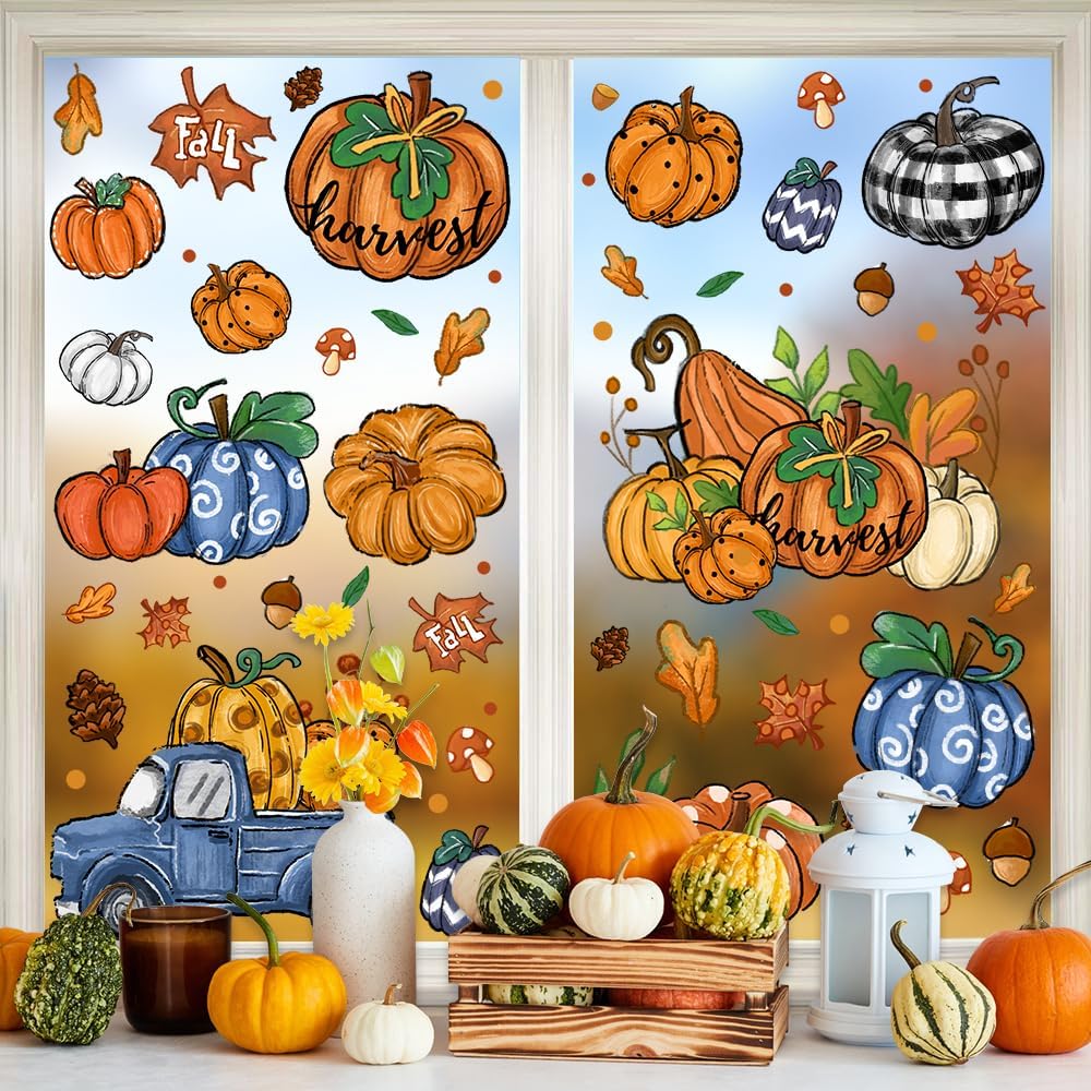 DIYDEC 6 Sheets Fall Window Clings Double-Sided Window Stickers with Orange Maple Leaves Pumpk Blue Truck Thanksgiving Window Decals for Autumn Home