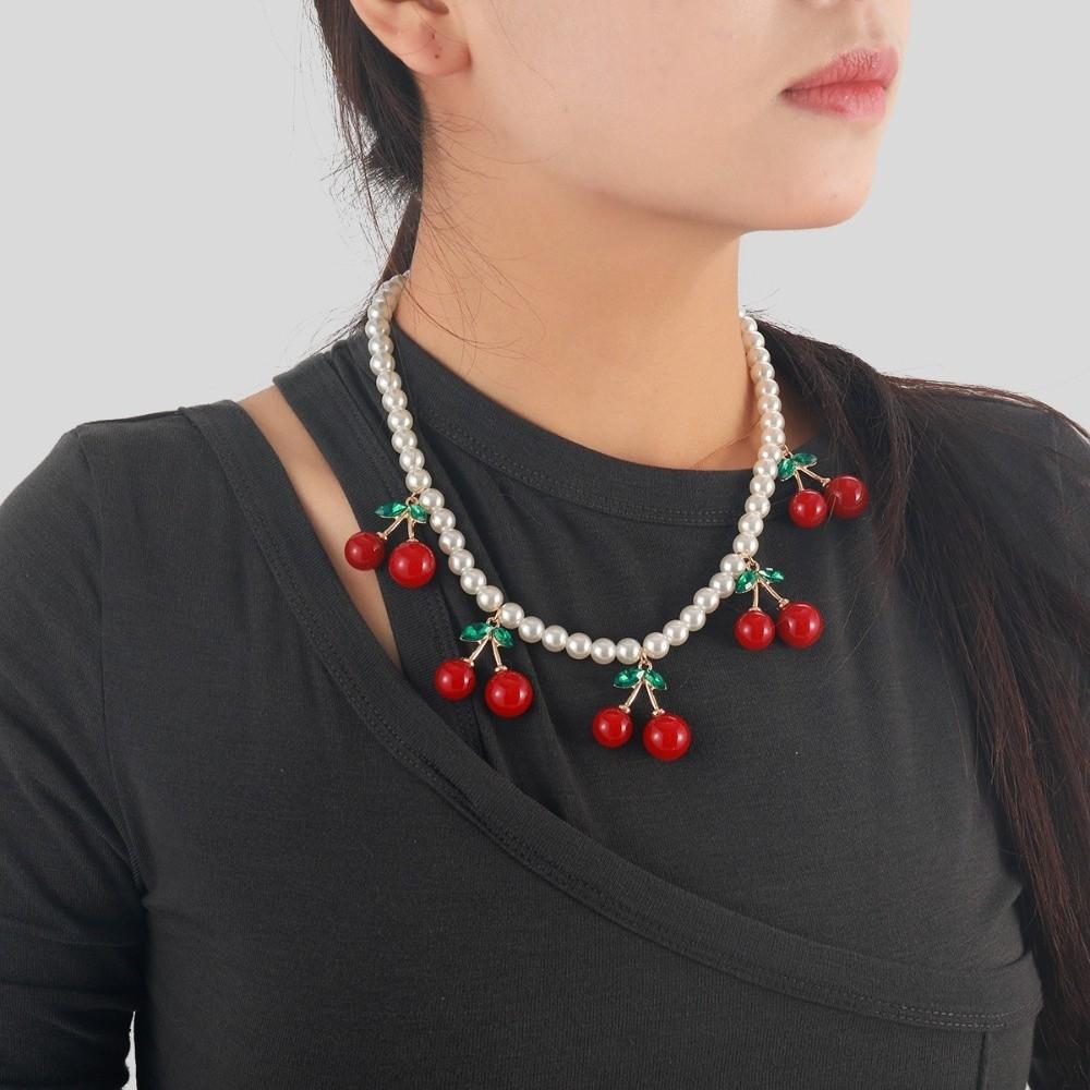 Cherry Pendant Women's Pearls Necklace Jewelry Gift Neck Chain Cherry Pendant Necklace  Women