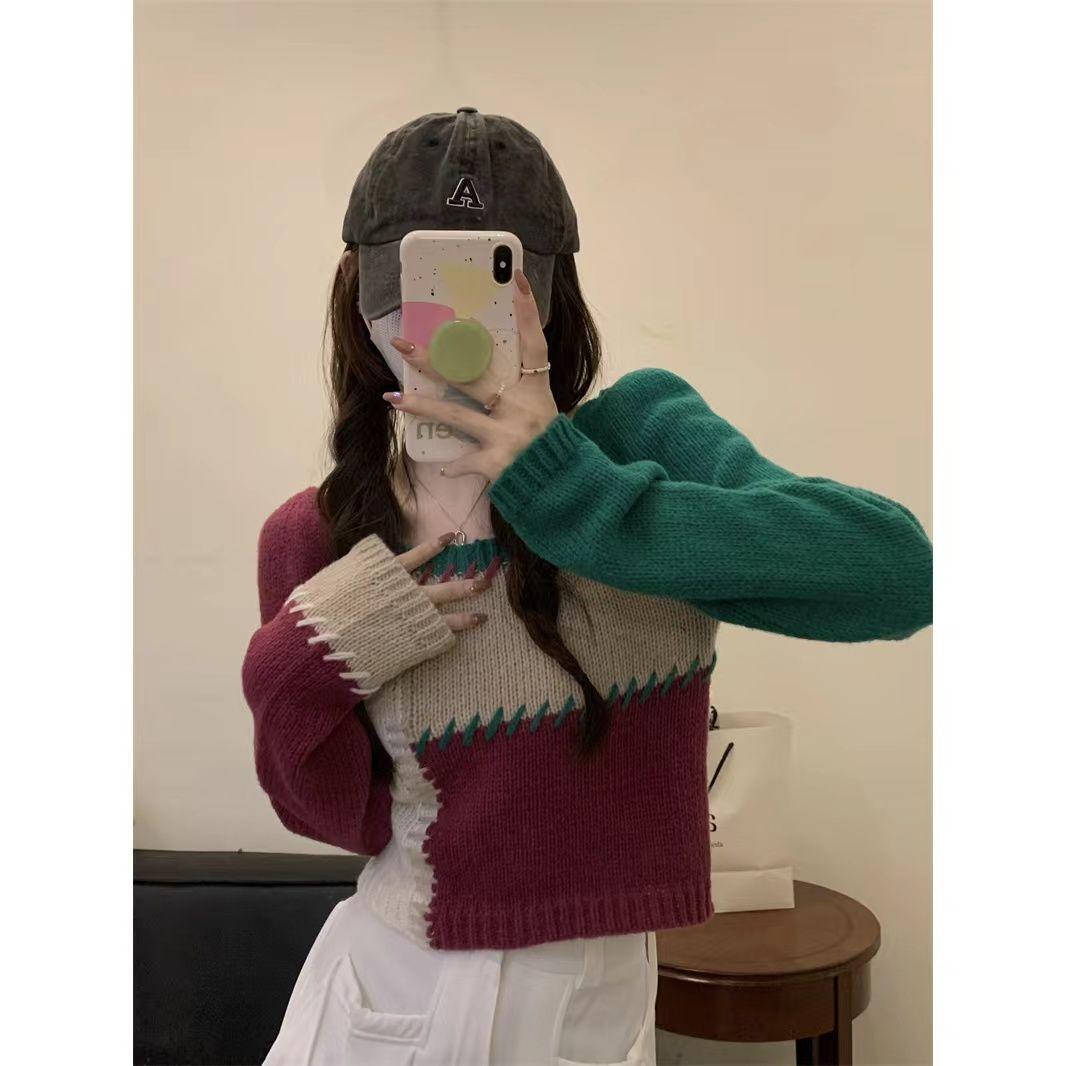 

Цветной квадратный вырез вязаный свитер женский короткий дизайн Sense Lady топ с длинными рукавами корейский повседневный пуловер one size зелёный