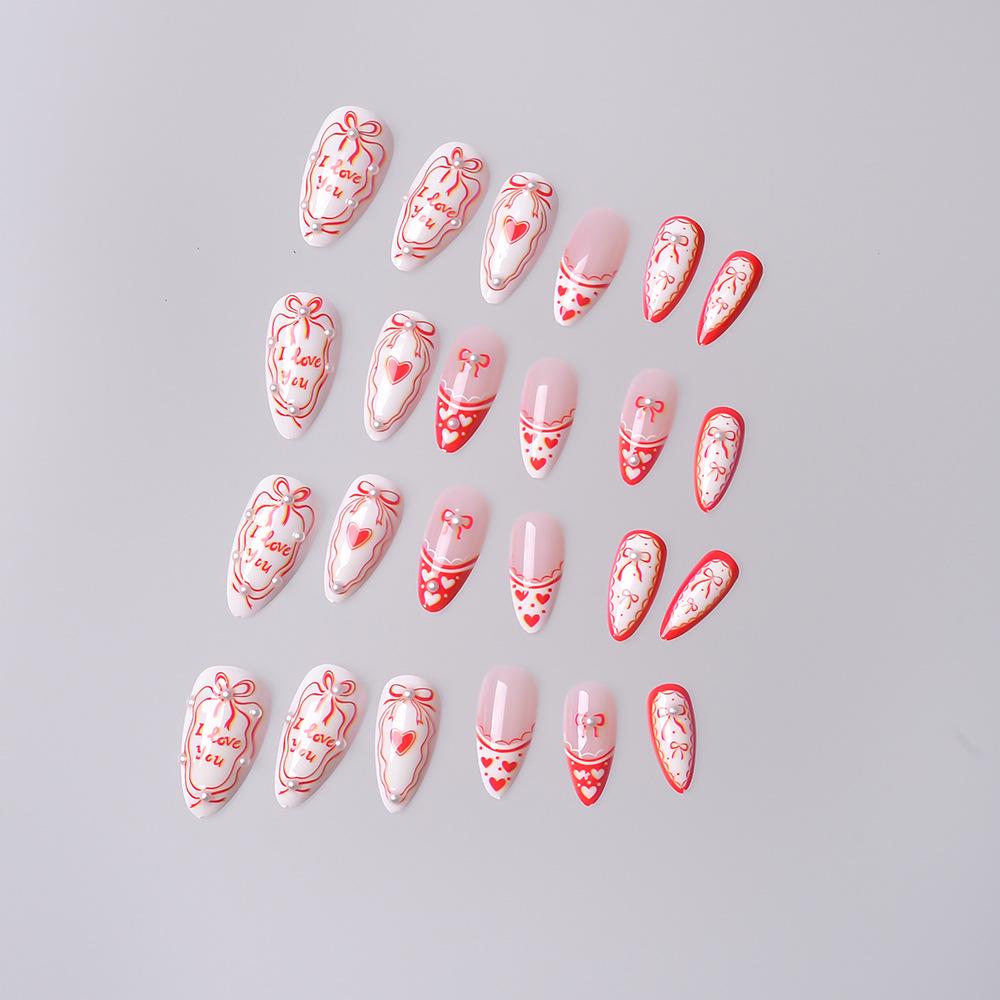 New Year French Almond Red Heart Pearl Bow False Nails