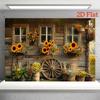 2D Country Farmhouse Fotobakgrundstyg med Solrosor & Trädetaljer