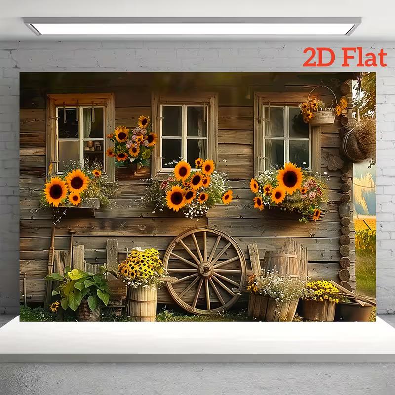 2D Country Farmhouse Fotobakgrundstyg med Solrosor & Trädetaljer